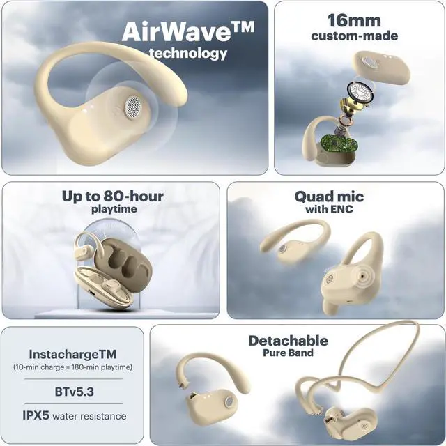 Alt view image 2 of 7 - Pure Pods  Wireless Open-Ear (OWS) Earbuds with AirWave Tech, 80H Playtime, Detachable Neckband, Sweat-Resistant, Running, Gym & Hiking, Ultimate Comfort, No Ear Fatigue (Zen Beige)