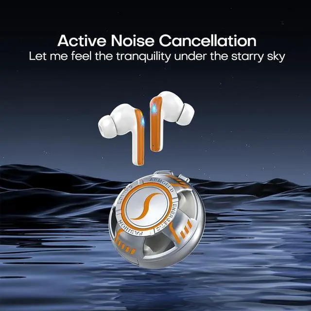 Alt view image 6 of 7 - Wireless Bluetooth 5.3 Earbuds Active Noise Canceling Glow Headphones 2.4G Metal Outdoor Wireless Earbuds, 13mm Drivers for Deep Bass, 1H Fast Charging, 5H Play, Fit for Daily, Travel & Sports(Orange)
