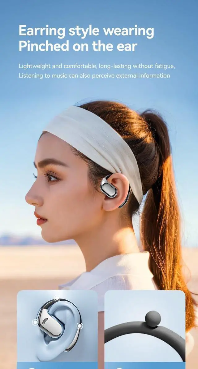 Alt view image 6 of 7 - Earhook Headphones Wireless Bluetooth 5.4 Open Ear Earbuds with 60H Endurance + Noise Cancellation + Smart Translator Earphones, 360° Stereo Sound Earbuds with Earhooks for Workout Walking, Gold