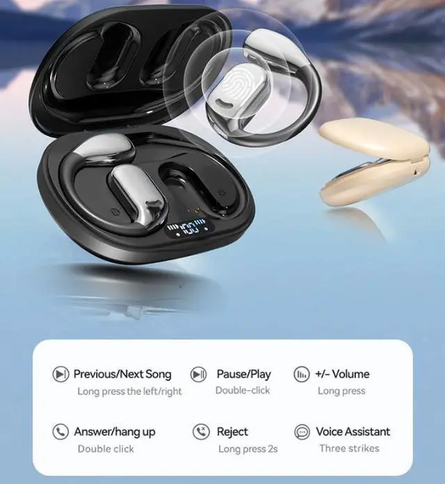 Alt view image 7 of 7 - Earhook Headphones Wireless Bluetooth 5.4 Open Ear Earbuds with 60H Endurance + Noise Cancellation + Smart Translator Earphones, 360° Stereo Sound Earbuds with Earhooks for Workout Walking, Gold
