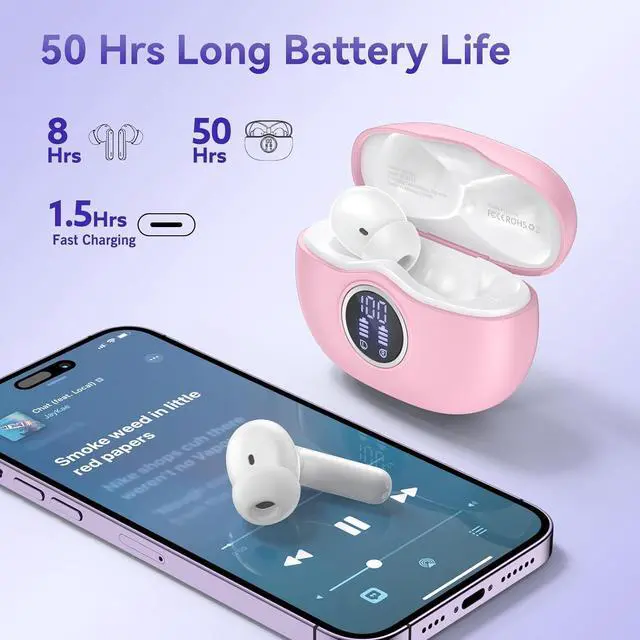 Alt view image 3 of 7 - Bluetooth Headphones, 50 Hours Playtime Wireless With Built-in Noise-Canceling Microphone and Charging Case, In-Ear Stereo Sound for iOS and Android