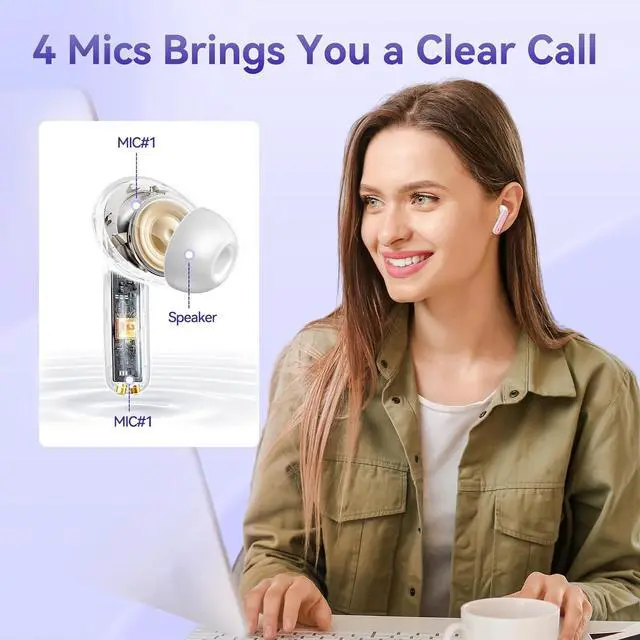 Alt view image 4 of 7 - Bluetooth Headphones, 50 Hours Playtime Wireless With Built-in Noise-Canceling Microphone and Charging Case, In-Ear Stereo Sound for iOS and Android