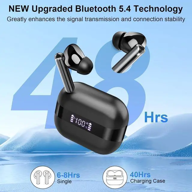 Alt view image 2 of 4 - Wireless Earbuds, 2025 Bluetooth 5.4 Headphones Bass Stereo, Ear Buds with 4 Mics ENC Noise Cancelling, Bluetooth Earbuds 48H Playtime LED Display Charging Case, IP7 Waterproof in Ear Earphones Black