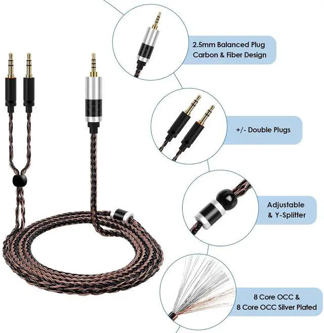 Alt view image 3 of 6 - 2.5mm Balanced Headphone Cable Compatible with Hifiman Sundara, Arya, Ananda, HE4XX, HE560, HE400SE, HE-350, HE1000 / 5N OCC Silver Plated Braided Cable for WM1A, WM1Z, NW-ZX505 Music Player - 4feet