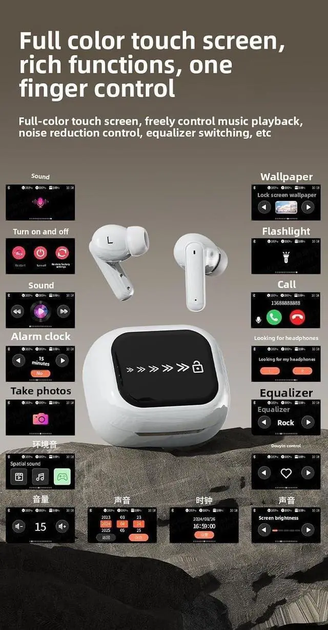 Alt view image 6 of 6 - Wireless Bluetooth Headphones, 5.4 Bluetooth Earbuds with LCD Touch Screen Noise-Cancelling Headphones, Ultra-Long Battery Life, Touch Screen Control, high-Definition Call Microphone (White)