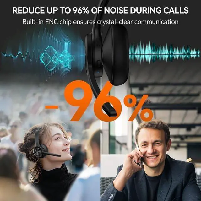 Alt view image 2 of 4 - Wireless Bluetooth Headset with Microphone - Bluetooth 5.2, 50H Playtime, Noise Canceling & Mute Button, On-Ear Headphones for Truckers, Office, Call Center, Cellphone, Laptop, Zoom Meetings