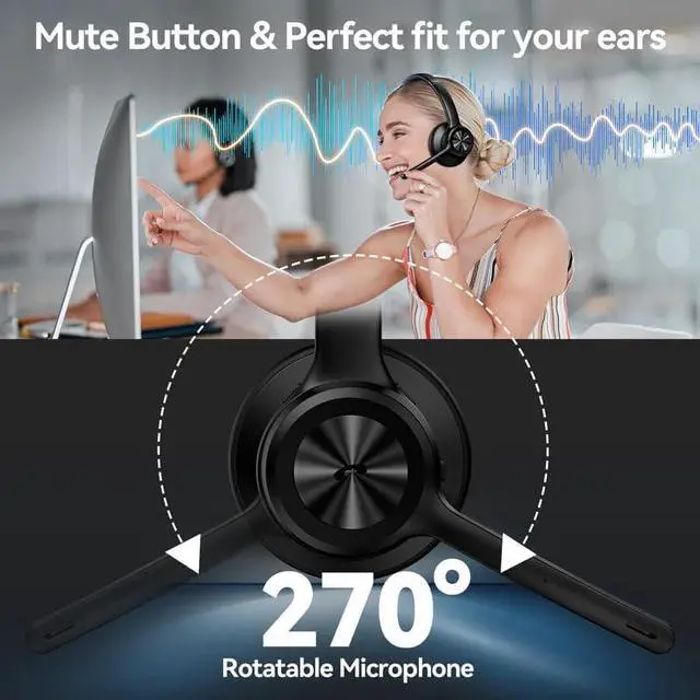 Alt view image 3 of 4 - Wireless Bluetooth Headset with Microphone - Bluetooth 5.2, 50H Playtime, Noise Canceling & Mute Button, On-Ear Headphones for Truckers, Office, Call Center, Cellphone, Laptop, Zoom Meetings