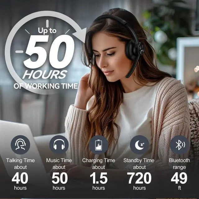 Alt view image 4 of 4 - Wireless Bluetooth Headset with Microphone - Bluetooth 5.2, 50H Playtime, Noise Canceling & Mute Button, On-Ear Headphones for Truckers, Office, Call Center, Cellphone, Laptop, Zoom Meetings