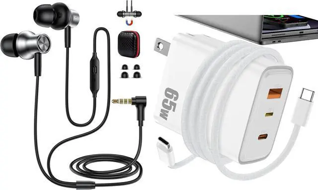 Main image of 3.5mm Wired Earphone 5.9FT Jack Wired Earbuds USB C Laptop Charger 65W Fast Charging 3-Port for Lightning USB-C USB-A Power Adapter for Lenovo for HP for iPhone 16 Samsung Chromebook Back to School