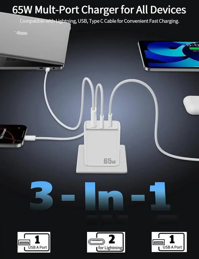 Alt view image 7 of 7 - 3.5mm Wired Earphone 5.9FT Jack Wired Earbuds USB C Laptop Charger 65W Fast Charging 3-Port for Lightning USB-C USB-A Power Adapter for Lenovo for HP for iPhone 16 Samsung Chromebook Back to School