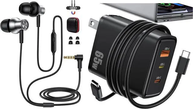 Main image of 3.5mm Wired Earphone 5.9FT Jack Wired Earbuds USB C Laptop Charger 65W Fast Charging 3-Port for Lightning USB-C USB-A Power Adapter for Lenovo for HP Chromebook for iPhone 16 Samsung Z Back to School