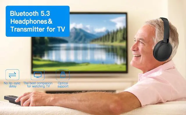 Alt view image 7 of 7 - Dual-mode 2.4G + Bluetooth 5.3Wireless TV Headphones with Transmitter Charging Base, 50-hour Battery Life/27ms Ultra-low Latency, Fiber Optic/RCA/AUX/Type-C Input, Senior Hearing Assistance