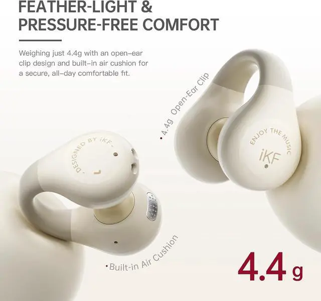 Main image of iKF-CCD Clip Retro Open-Ear Bluetooth Headphones, 48H Playtime, HiFi Sound, ENC Clear Calls, 0.035s Gaming Mode, IPX5 Waterproof, DS7.0 Directional Sound, App Control, Lightweight 4.4g (White)