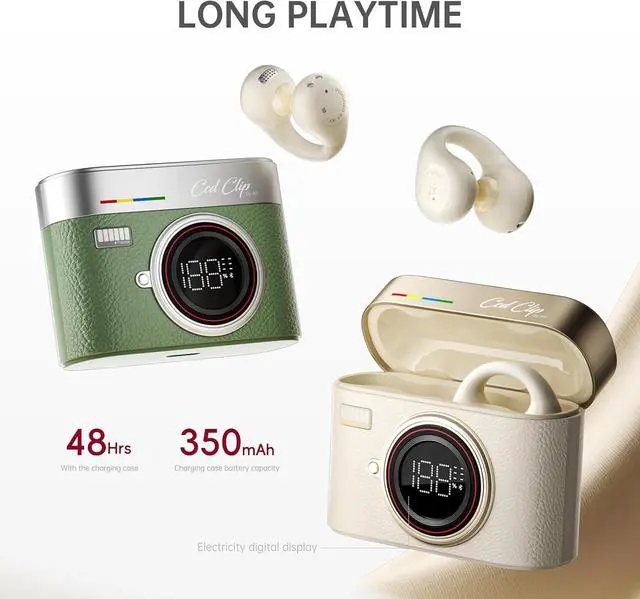 Alt view image 5 of 6 - iKF-CCD Clip Retro Open-Ear Bluetooth Headphones, 48H Playtime, HiFi Sound, ENC Clear Calls, 0.035s Gaming Mode, IPX5 Waterproof, DS7.0 Directional Sound, App Control, Lightweight 4.4g (White)