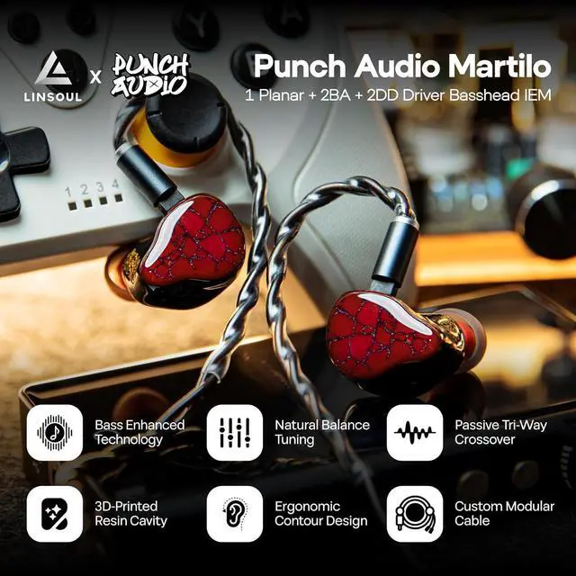 Alt view image 2 of 7 - Linsoul Punch Audio Martilo in Ear Monitor, 1 Planar + 2BA + 2DD Hybrid Driver Basshead IEM Earphones TANGZU Tang Sancai in Ear Monitor Ear Plugs, 3 Pairs(S/M/L)