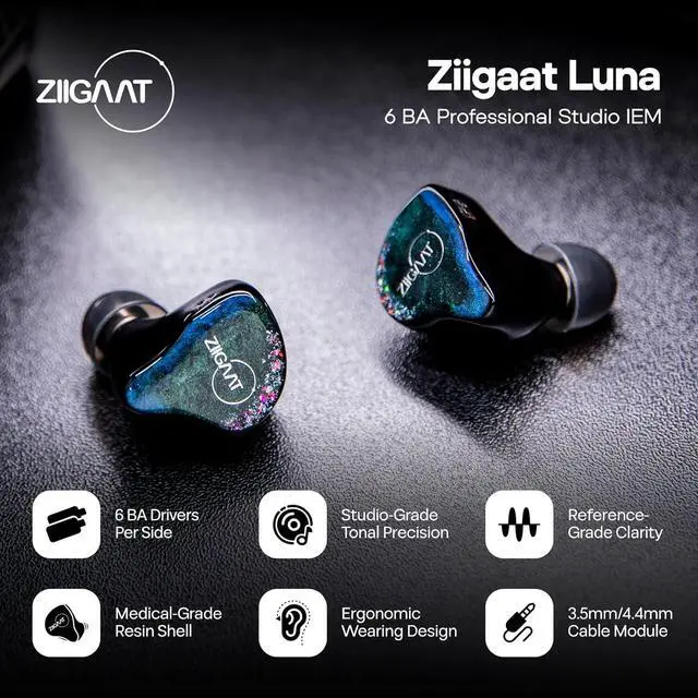 Alt view image 2 of 7 - Linsoul ZiiGaat Luna 6BA HiFi in Ear Monitor, Studio Monitor & Stage Performance IEM Earphones with Fast Response Tripowin Zonie IEM Cable, 2m Long Earbud Cord(2Pin)