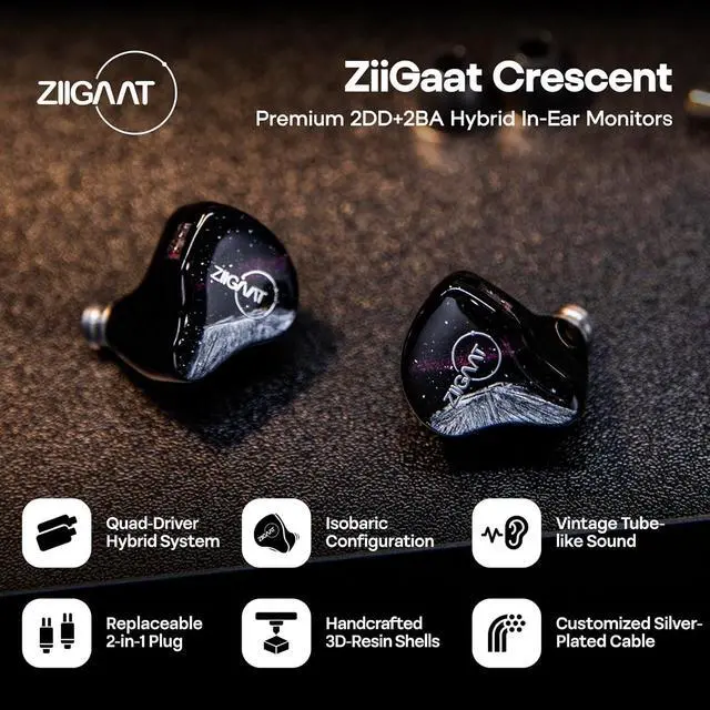 Alt view image 2 of 7 - Linsoul ZiiGaat Crescent in Ear Monitor, Premium 2DD+2BA Hybrid IEM Earphone, Isobaric Bass, Vintage Analog Sound ZiiGaat Crescent in Ear Monitor, Premium 2DD+2BA Hybrid IEM Earphone, Isobar