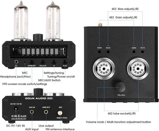 Alt view image 7 of 7 - Headphone Amplifier, Hi-Fi Stereo Audio Preamplifier, Tube Level Meter, with VFD Clock, Volume Controls