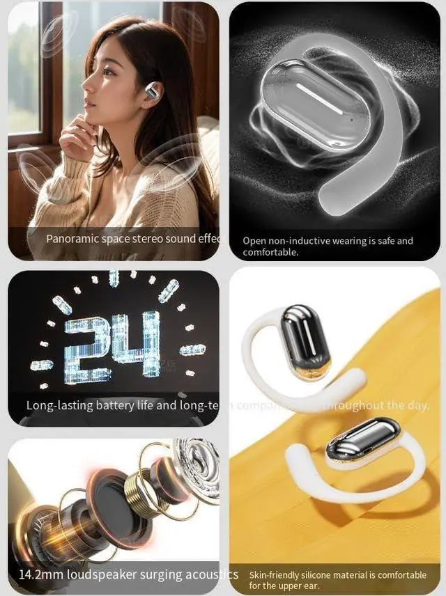 Alt view image 5 of 7 - Open Ear Air Conduction Headphones Denoise Wireless Bluetooth Ear Buds 40 Hours with Charging Case Sports Headphones with Earhooks Touch Sensing for Workout Driving Walking,White