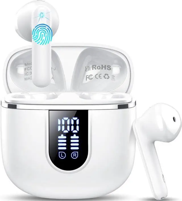 Main image of Wireless Earbuds with Bluetooth 5.4, Smart Touch Control, 40 Hours Battery Life, LED Display, Type-C Charging, White