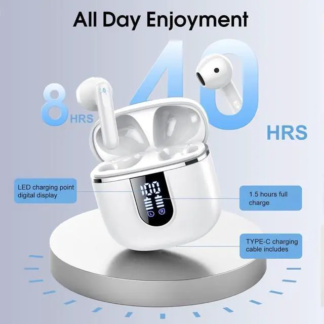 Alt view image 3 of 6 - Wireless Earbuds with Bluetooth 5.4, Smart Touch Control, 40 Hours Battery Life, LED Display, Type-C Charging, White