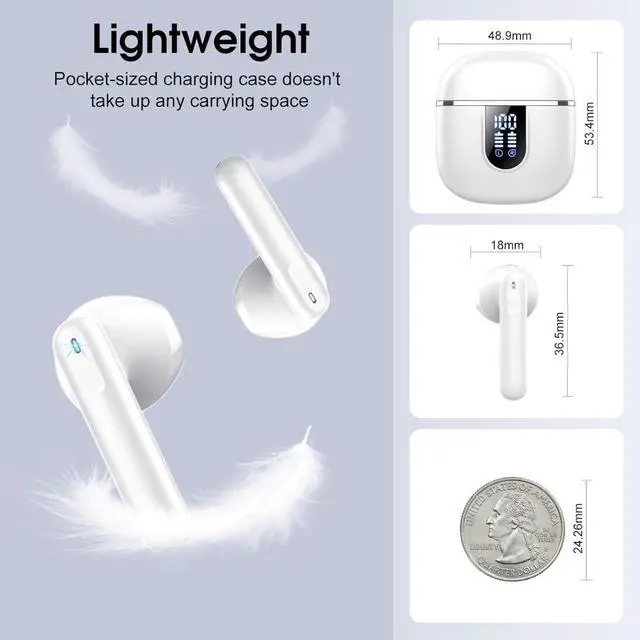 Alt view image 6 of 6 - Wireless Earbuds with Bluetooth 5.4, Smart Touch Control, 40 Hours Battery Life, LED Display, Type-C Charging, White