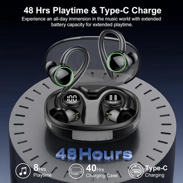 Alt view image 4 of 7 - Wireless Earbuds Bluetooth 5.4 Headphones Sport Over Ear Buds With ENC Noise Cancelling Mic 48H Wireless Earphone With Earhooks Stereo Deep Bass IP7 Waterproof Headset for Workout Running Black