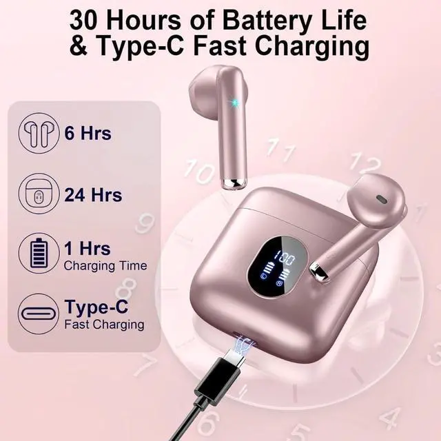 Alt view image 2 of 7 - Wireless Earbuds with Bluetooth 5.4, 30H Battery, Type-C Fast Charging, Smart Touch Controls, LED Display, Rose Gold