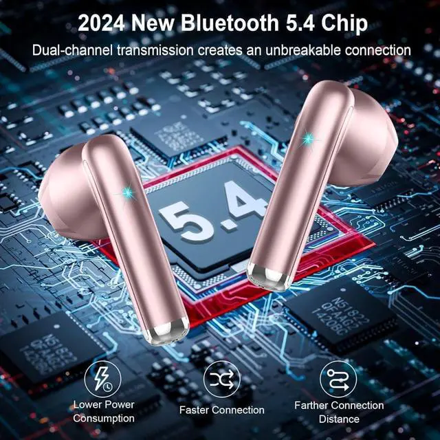 Alt view image 3 of 7 - Wireless Earbuds with Bluetooth 5.4, 30H Battery, Type-C Fast Charging, Smart Touch Controls, LED Display, Rose Gold