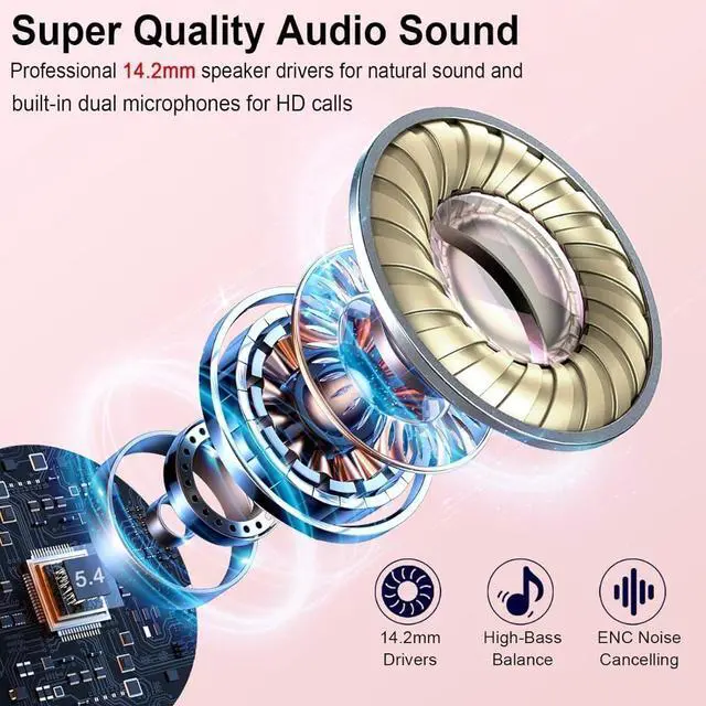 Alt view image 4 of 7 - Wireless Earbuds with Bluetooth 5.4, 30H Battery, Type-C Fast Charging, Smart Touch Controls, LED Display, Rose Gold