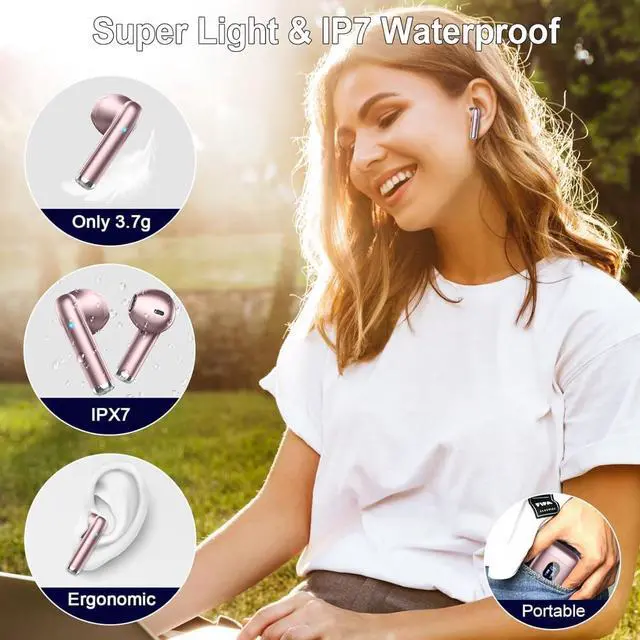 Alt view image 6 of 7 - Wireless Earbuds with Bluetooth 5.4, 30H Battery, Type-C Fast Charging, Smart Touch Controls, LED Display, Rose Gold