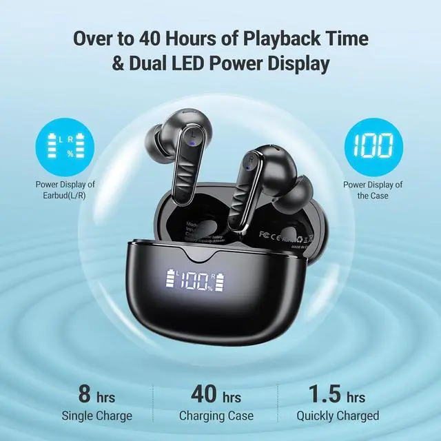 Alt view image 4 of 7 - Wireless Earbuds, 2025 Bluetooth Headphones in-Ear Ear Buds HiFi Stereo with 4 ENC Noise Cancelling Mics, 40H Playtime Sport Ear Buds with Charging Case, IP7 Waterproof Earphones with LED Display
