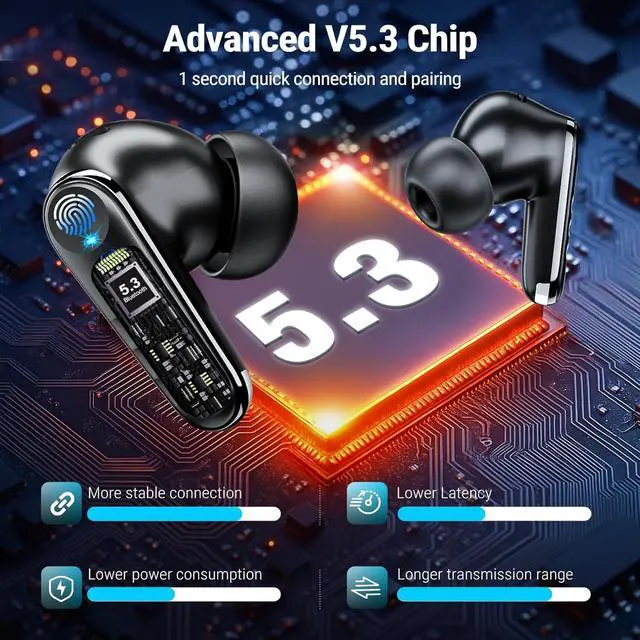 Alt view image 3 of 7 - Wireless Earbuds, 2025 Bluetooth Headphones in-Ear Ear Buds HiFi Stereo with 4 ENC Noise Cancelling Mics, 40H Playtime Sport Ear Buds with Charging Case, IP7 Waterproof Earphones with LED Display