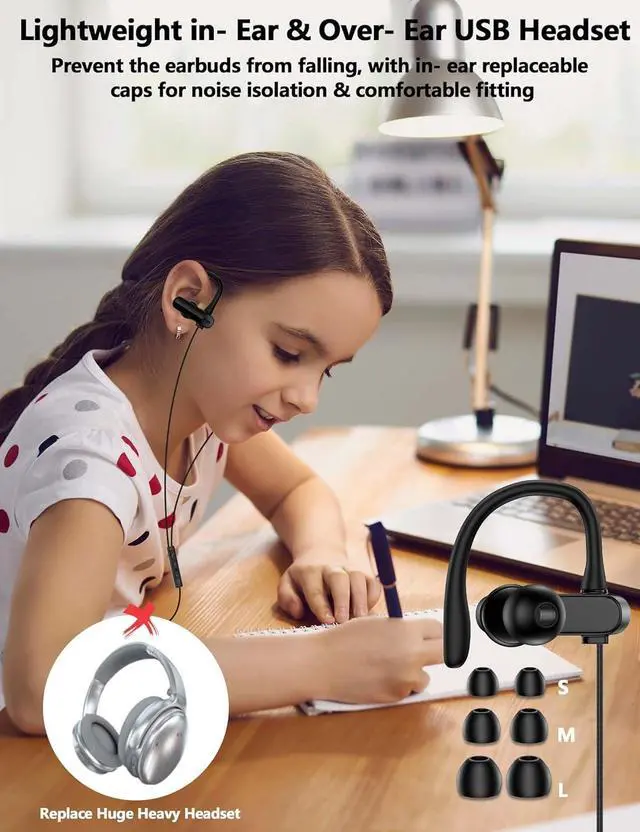 Alt view image 3 of 7 - USB C Laptop Charger 65W Fast Charging Over-Ear Headphone Hook 2.5M 8.2FT Computer Headset Mute Mic USB A Earphone in-Ear Noise Cancel Wired Earbuds for MacBook for Chromebook Notebook for Teams