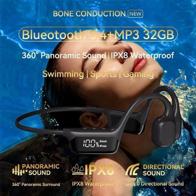 Alt view image 2 of 7 - Bone Conduction Headphones with Built-in Mic+32GB Swimming Headphones Bluetooth 5.4, IPX8 Waterproof Lightweight for Bluetooth Earphones Stable to Wear MP3 for Running,Cycling,Hiking,Driving,Gym,Black