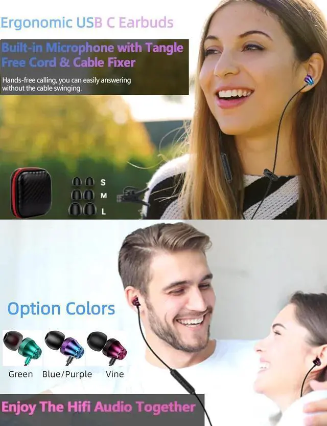 Alt view image 3 of 7 - 2 Pack USB C Headphones Type C Earbuds for iPhone 16e 16 Pro Max 15 In-Ear Noise Canceling Volume Control Mic Android Wired Earphone for iPad 10 Samsung Z Flip Fold S25 A16 S24 S23 A36 Pixel 9 9a 8 8a