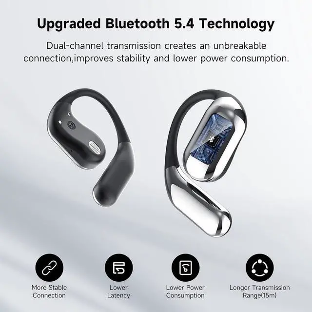 Alt view image 5 of 6 - Open Ear Clip Wireless Earbuds Bone Conduction Headphones Bluetooth 5.4 Open Ear Design for Running Fitness officeBuilt-in Mic IPX7 Waterproof LED Display Charging Case Ear Hooks Ear Buds