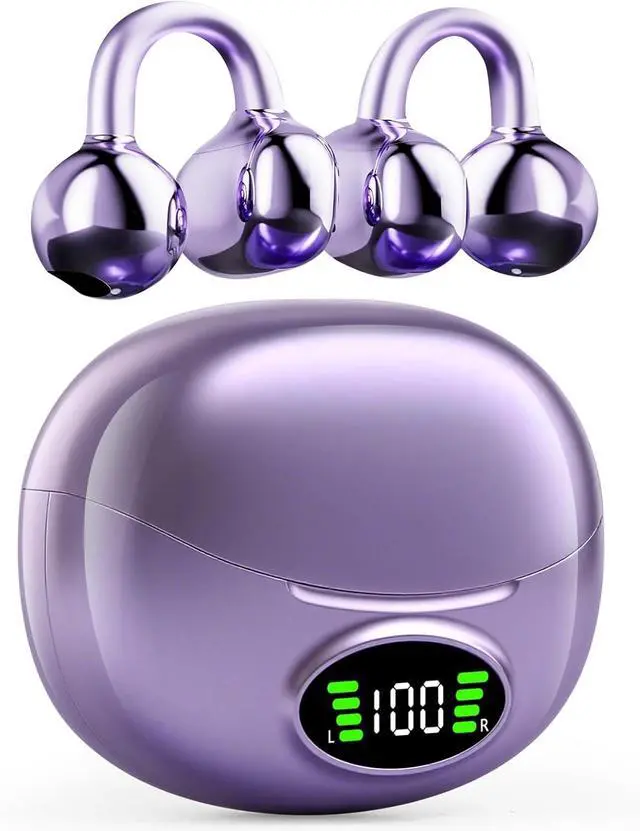 Main image of Clip on Headphones,Open Bluetooth 5.4 Earbuds with LED Digital Display Built-in Mic IPX7 Waterproof 50H Playback Sports Bone Conduction Earphones Suitable for Small Ears and Eyeglass Wearers (Purple)