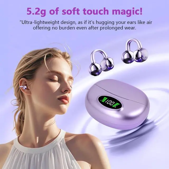 Alt view image 3 of 7 - Clip on Headphones,Open Bluetooth 5.4 Earbuds with LED Digital Display Built-in Mic IPX7 Waterproof 50H Playback Sports Bone Conduction Earphones Suitable for Small Ears and Eyeglass Wearers (Purple)