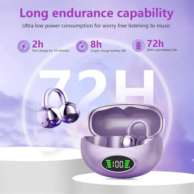 Alt view image 5 of 7 - Clip on Headphones,Open Bluetooth 5.4 Earbuds with LED Digital Display Built-in Mic IPX7 Waterproof 50H Playback Sports Bone Conduction Earphones Suitable for Small Ears and Eyeglass Wearers (Purple)