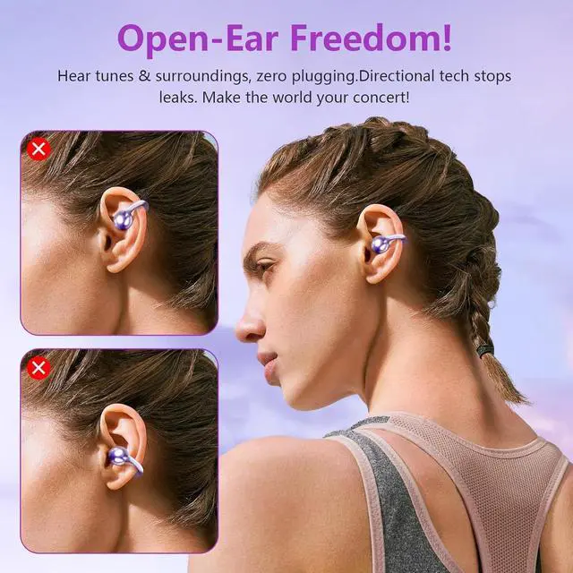 Alt view image 6 of 7 - Clip on Headphones,Open Bluetooth 5.4 Earbuds with LED Digital Display Built-in Mic IPX7 Waterproof 50H Playback Sports Bone Conduction Earphones Suitable for Small Ears and Eyeglass Wearers (Purple)