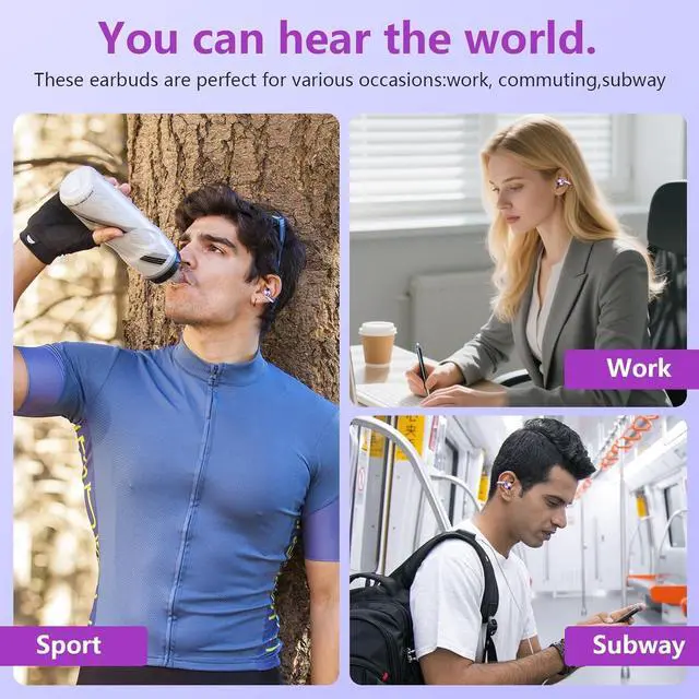 Alt view image 4 of 7 - Clip on Headphones,Open Bluetooth 5.4 Earbuds with LED Digital Display Built-in Mic IPX7 Waterproof 50H Playback Sports Bone Conduction Earphones Suitable for Small Ears and Eyeglass Wearers (Purple)
