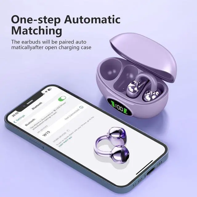 Alt view image 7 of 7 - Clip on Headphones,Open Bluetooth 5.4 Earbuds with LED Digital Display Built-in Mic IPX7 Waterproof 50H Playback Sports Bone Conduction Earphones Suitable for Small Ears and Eyeglass Wearers (Purple)