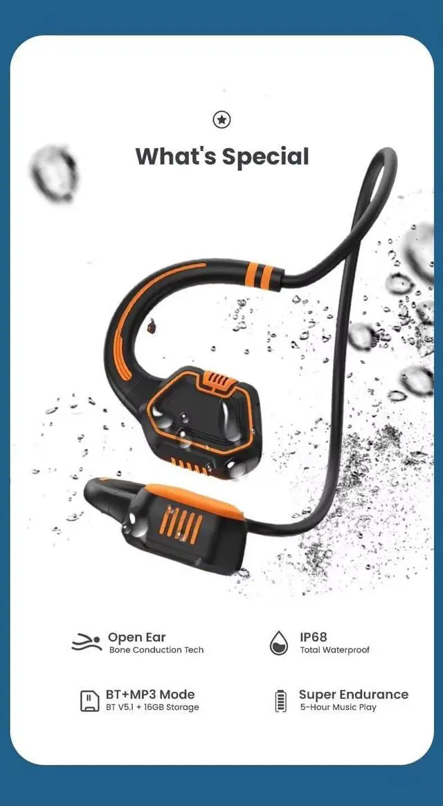 Alt view image 5 of 6 - Wireless Earbuds Bluetooth 5.1 Earphones IP68 Waterproof Swimming Headphones 16GB Flash Memory Ear Buds Bone Conduction Comfortable for Sports & Swimming(Orange)