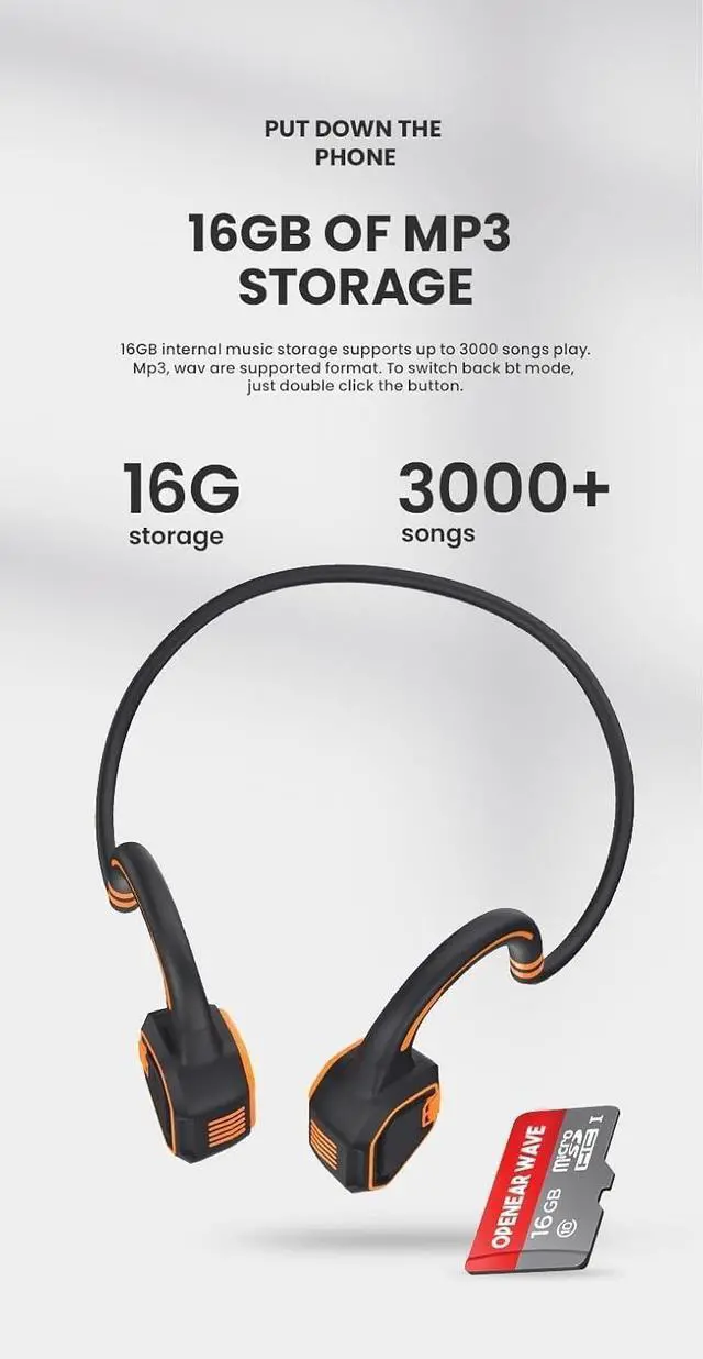 Alt view image 6 of 6 - Wireless Earbuds Bluetooth 5.1 Earphones IP68 Waterproof Swimming Headphones 16GB Flash Memory Ear Buds Bone Conduction Comfortable for Sports & Swimming(Orange)