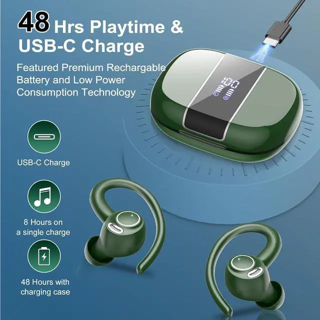 Alt view image 4 of 7 - Wireless Earbuds Bluetooth 5.3 Headphones Sports, 48Hrs Playtime Bluetooth Earbuds with CVC 8.0 Mic, Stereo Bass Over Ear Bud with Earhooks, LED Display, IP7 Waterproof Earphon for Running Green