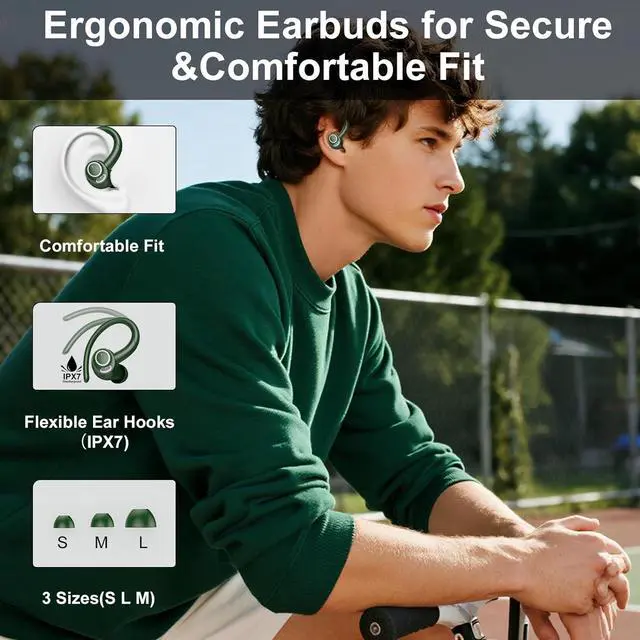 Alt view image 5 of 7 - Wireless Earbuds Bluetooth 5.3 Headphones Sports, 48Hrs Playtime Bluetooth Earbuds with CVC 8.0 Mic, Stereo Bass Over Ear Bud with Earhooks, LED Display, IP7 Waterproof Earphon for Running Green