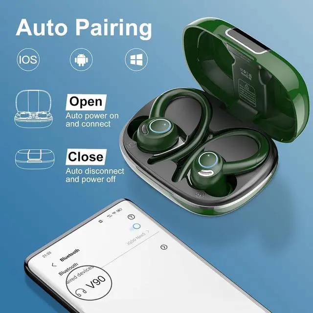 Alt view image 6 of 7 - Wireless Earbuds Bluetooth 5.3 Headphones Sports, 48Hrs Playtime Bluetooth Earbuds with CVC 8.0 Mic, Stereo Bass Over Ear Bud with Earhooks, LED Display, IP7 Waterproof Earphon for Running Green