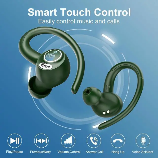 Alt view image 7 of 7 - Wireless Earbuds Bluetooth 5.3 Headphones Sports, 48Hrs Playtime Bluetooth Earbuds with CVC 8.0 Mic, Stereo Bass Over Ear Bud with Earhooks, LED Display, IP7 Waterproof Earphon for Running Green