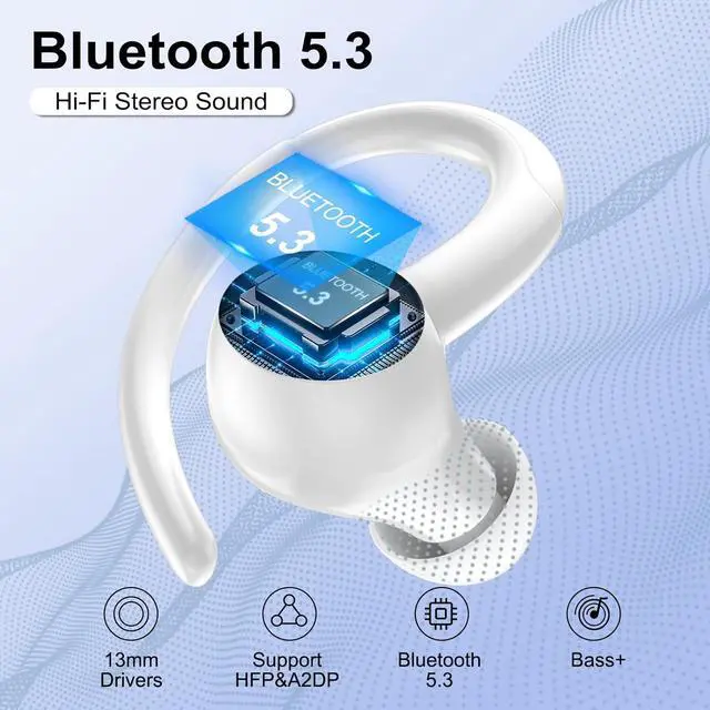 Alt view image 2 of 7 - Wireless Earbuds Bluetooth 5.3 Headphones Sports, 48Hrs Playtime Bluetooth Earbuds with CVC 8.0 Mic, 2025 Stereo Bass Over Ear Bud with Earhooks, LED Display, IP7 Waterproof Earphon for Running White